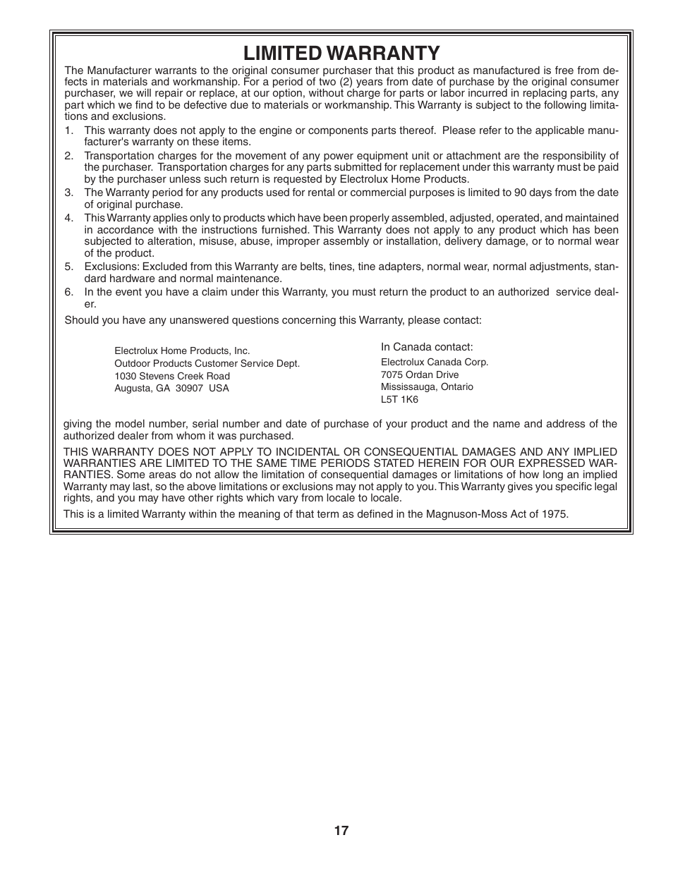 Limited warranty | Poulan HDF550 User Manual | Page 17 / 36