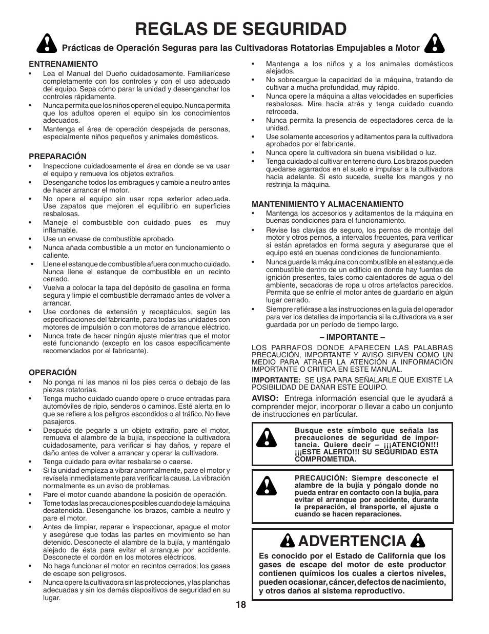 Reglas de seguridad, Advertencia | Poulan HDF550 User Manual | Page 18 / 36