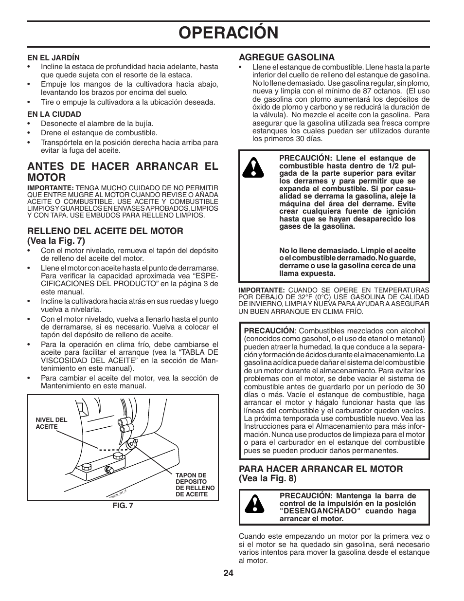 Operación, Antes de hacer arrancar el motor | Poulan HDF550 User Manual | Page 24 / 36