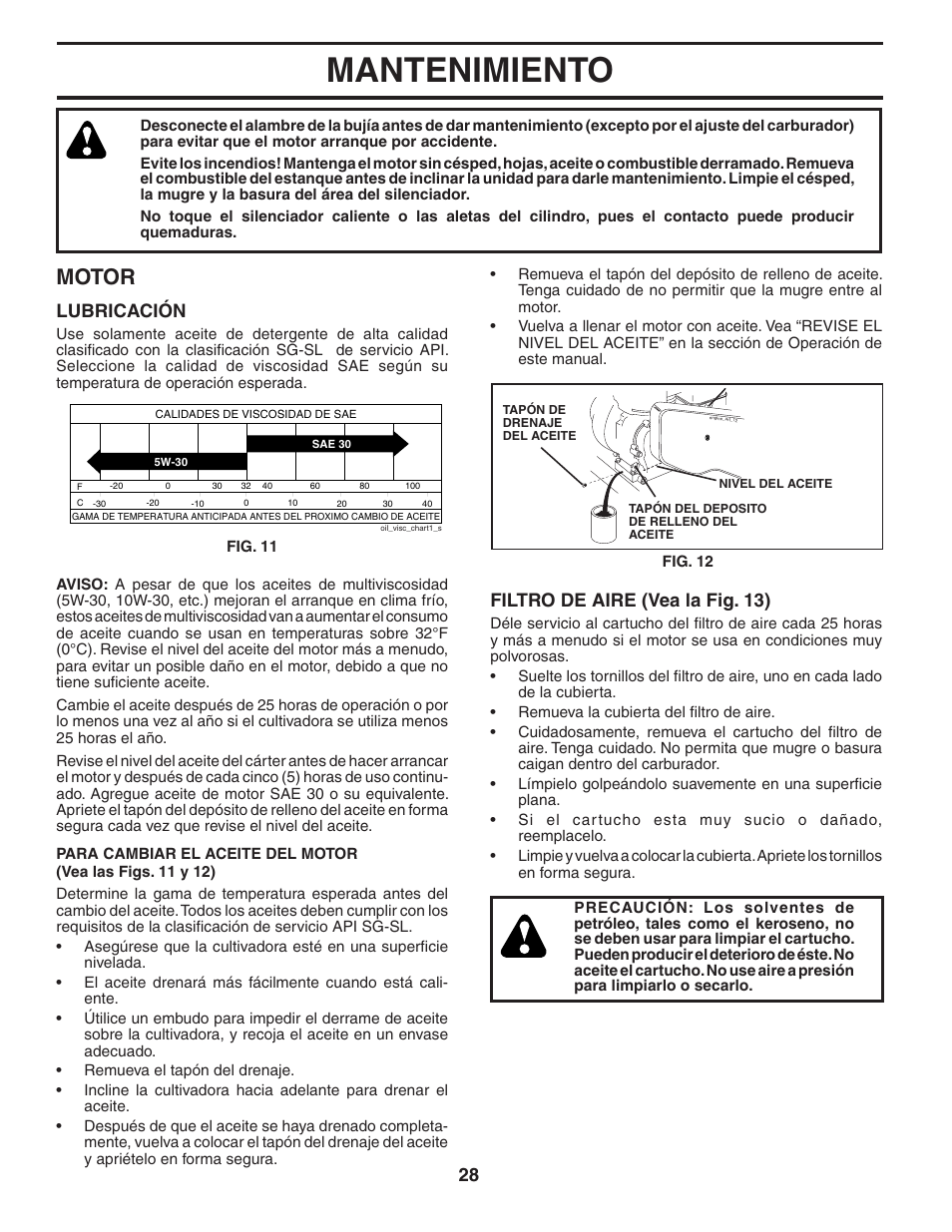 Mantenimiento, Motor, Lubricación | Filtro de aire (vea la fig. 13) | Poulan HDF550 User Manual | Page 28 / 36