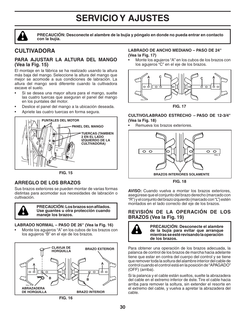 Servicio y ajustes, Cultivadora, Para ajustar la altura del mango (vea la fig. 15) | Arreglo de los brazos | Poulan HDF550 User Manual | Page 30 / 36