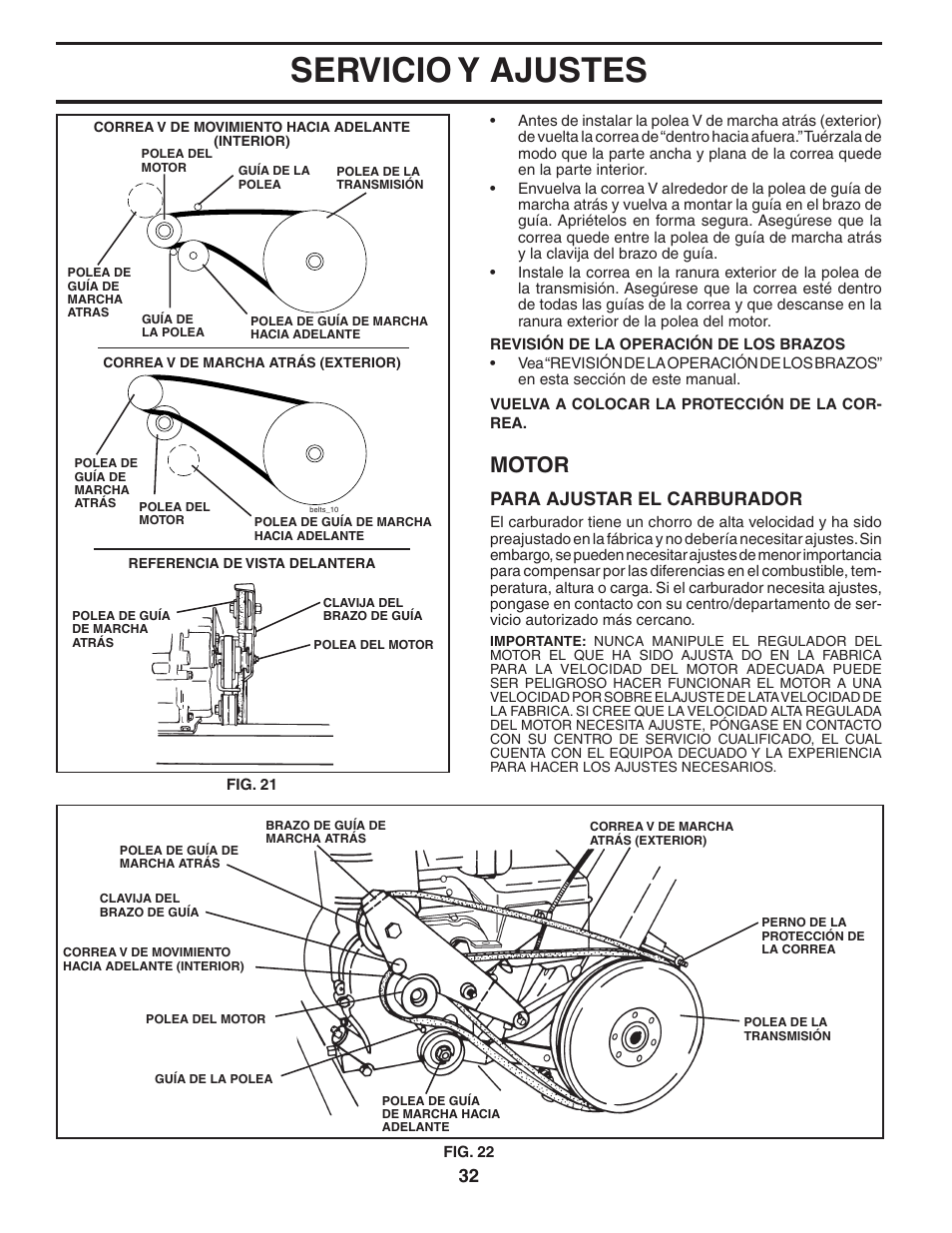 Servicio y ajustes, Motor, Para ajustar el carburador | Poulan HDF550 User Manual | Page 32 / 36