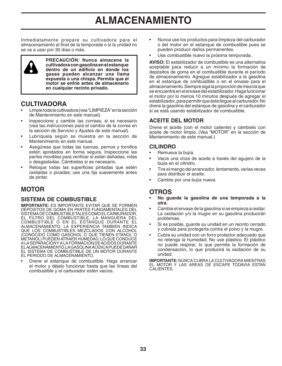 Almacenamiento, Otros, Cultivadora | Motor | Poulan HDF550 User Manual | Page 33 / 36