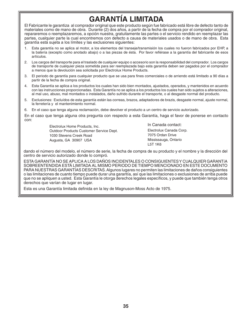 Garantía limitada | Poulan HDF550 User Manual | Page 35 / 36