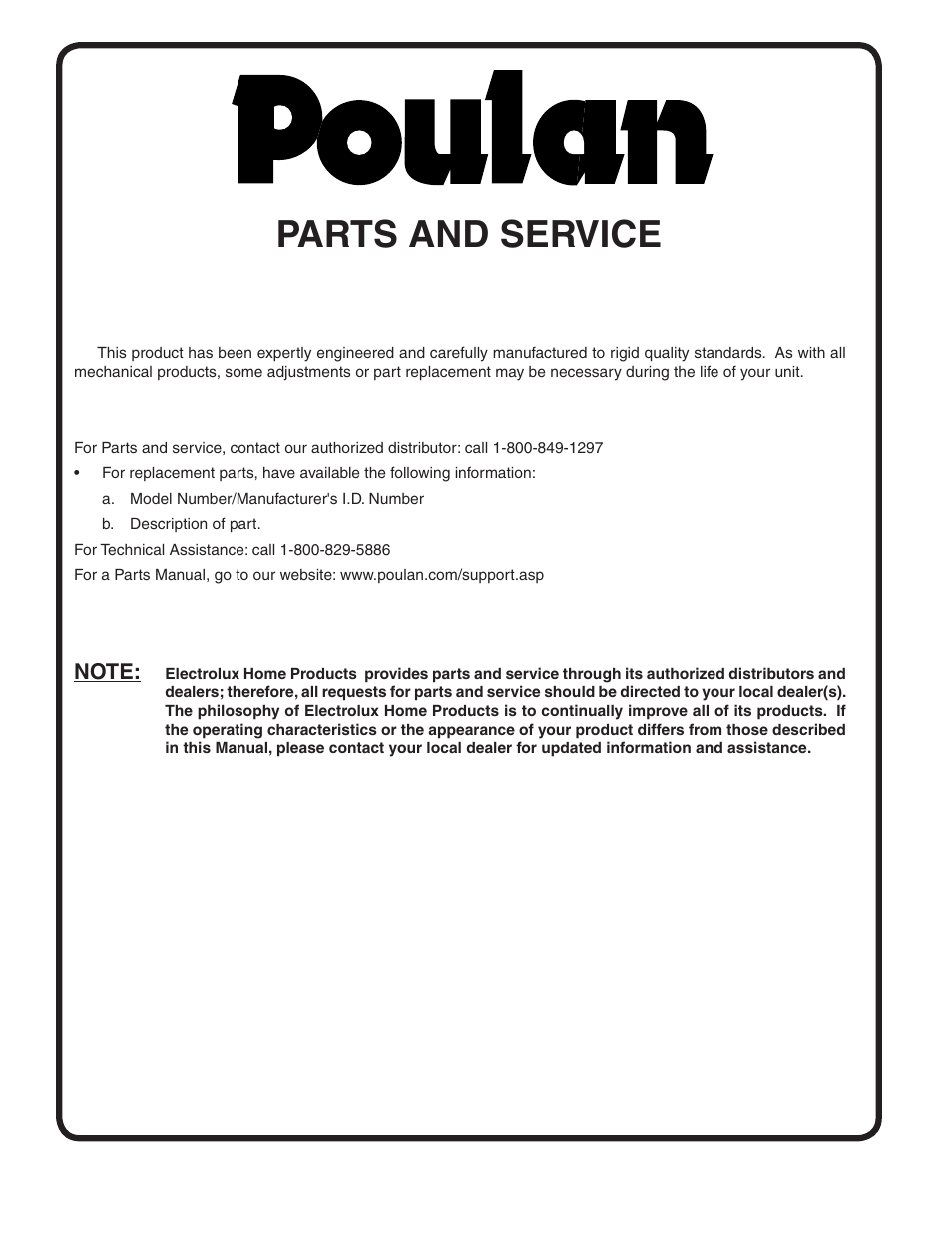 Parts and service | Poulan HDF550 User Manual | Page 36 / 36