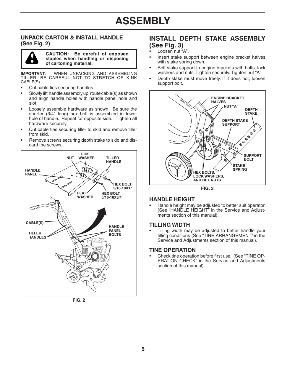 Assembly, Install depth stake as sem bly (see fig. 3), 5unpack carton & install handle (see fig. 2) | Handle height, Tilling width, Tine operation | Poulan HDF550 User Manual | Page 5 / 36