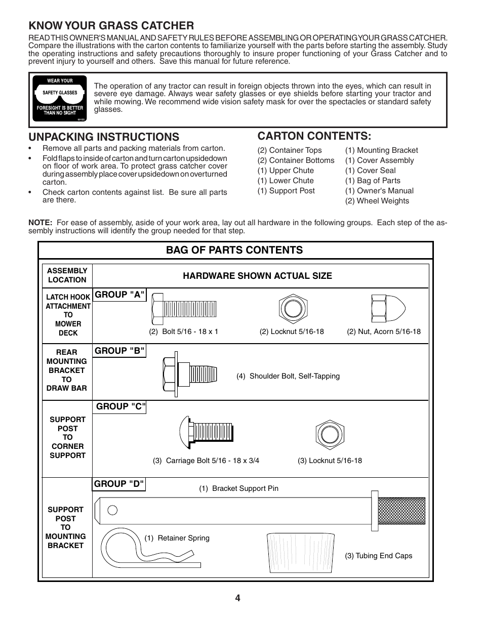 Know your grass catcher, Unpacking instructions, Carton contents | Bag of parts contents | Poulan C36C User Manual | Page 4 / 17