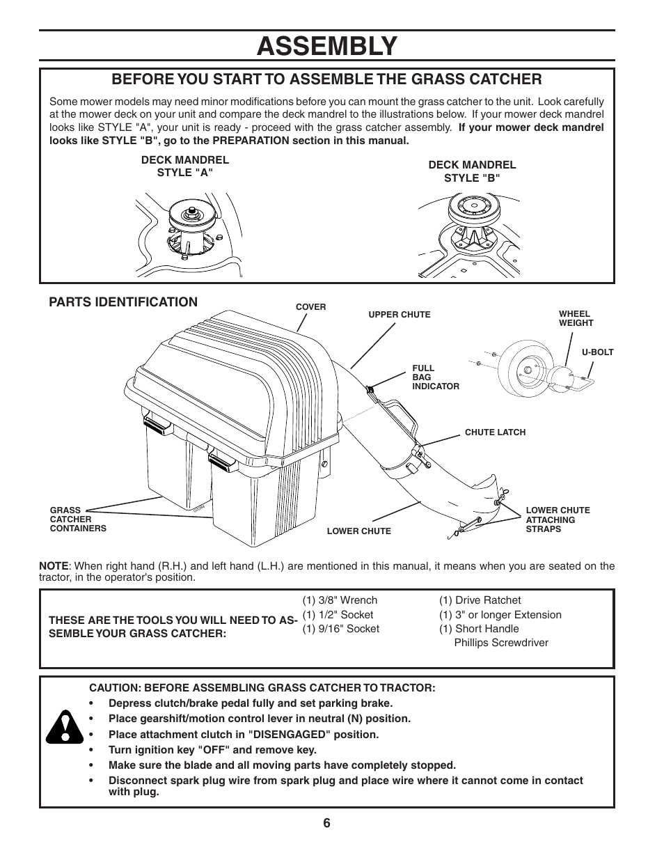 Assembly, Before you start to assemble the grass catcher, Parts identification | Poulan C36C User Manual | Page 6 / 17