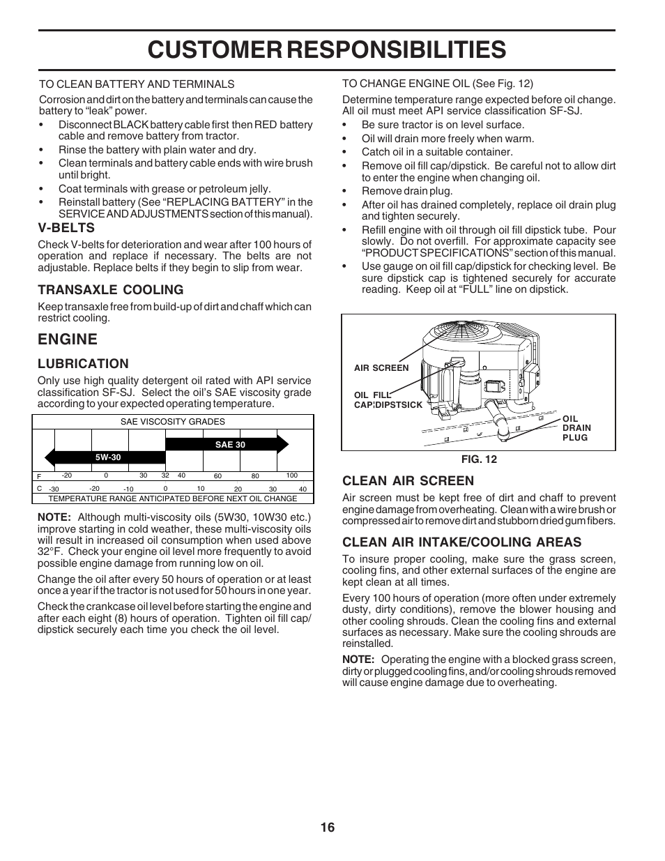 Customer responsibilities, Engine, 16 clean air screen | V-belts, Transaxle cooling, Lubrication, Clean air intake/cooling areas | Poulan 180196 User Manual | Page 16 / 48