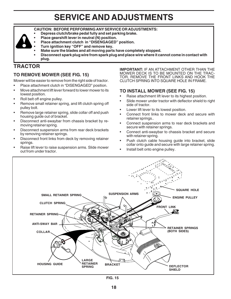 Service and adjustments, Tractor | Poulan 180196 User Manual | Page 18 / 48