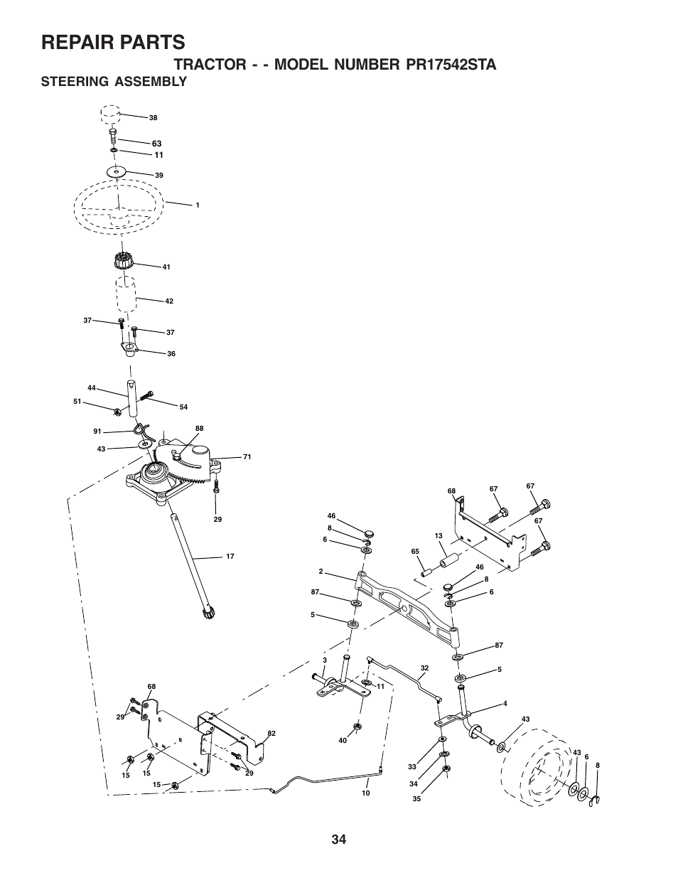 Repair parts, Steering assembly | Poulan 180196 User Manual | Page 34 / 48