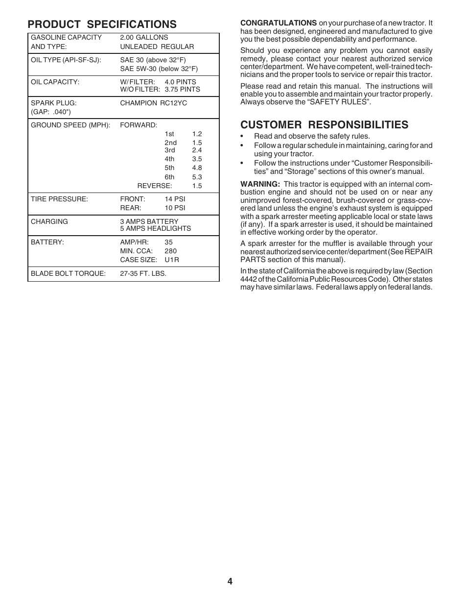 Customer responsibilities, Product specifications | Poulan 180196 User Manual | Page 4 / 48