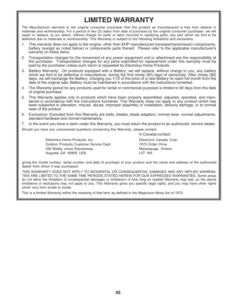 Limited warranty | Poulan 180196 User Manual | Page 45 / 48