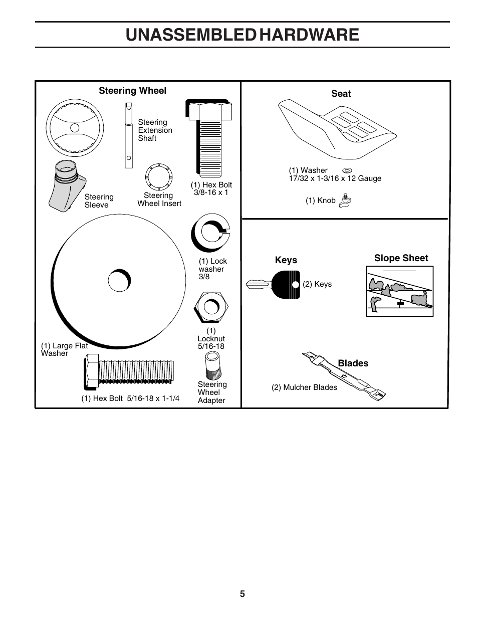 Unassembled hardware | Poulan 180196 User Manual | Page 5 / 48