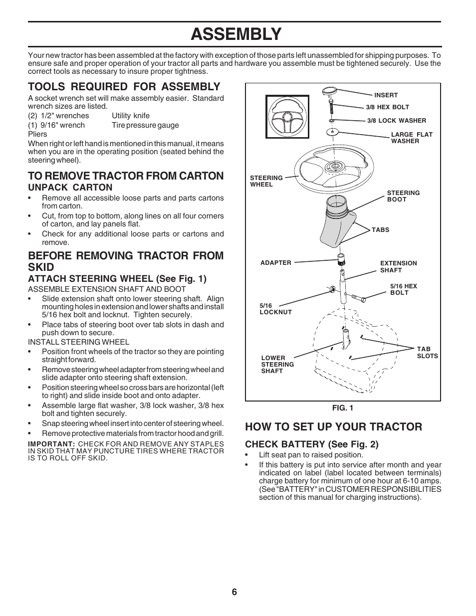 Assembly, Tools required for assembly, Before removing tractor from skid | How to set up your tractor | Poulan 180196 User Manual | Page 6 / 48