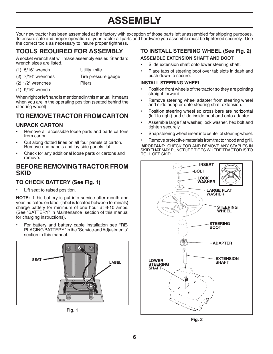 Assembly, Tools required for assembly, Before removing tractor from skid | Poulan XT 96016002200 User Manual | Page 6 / 26