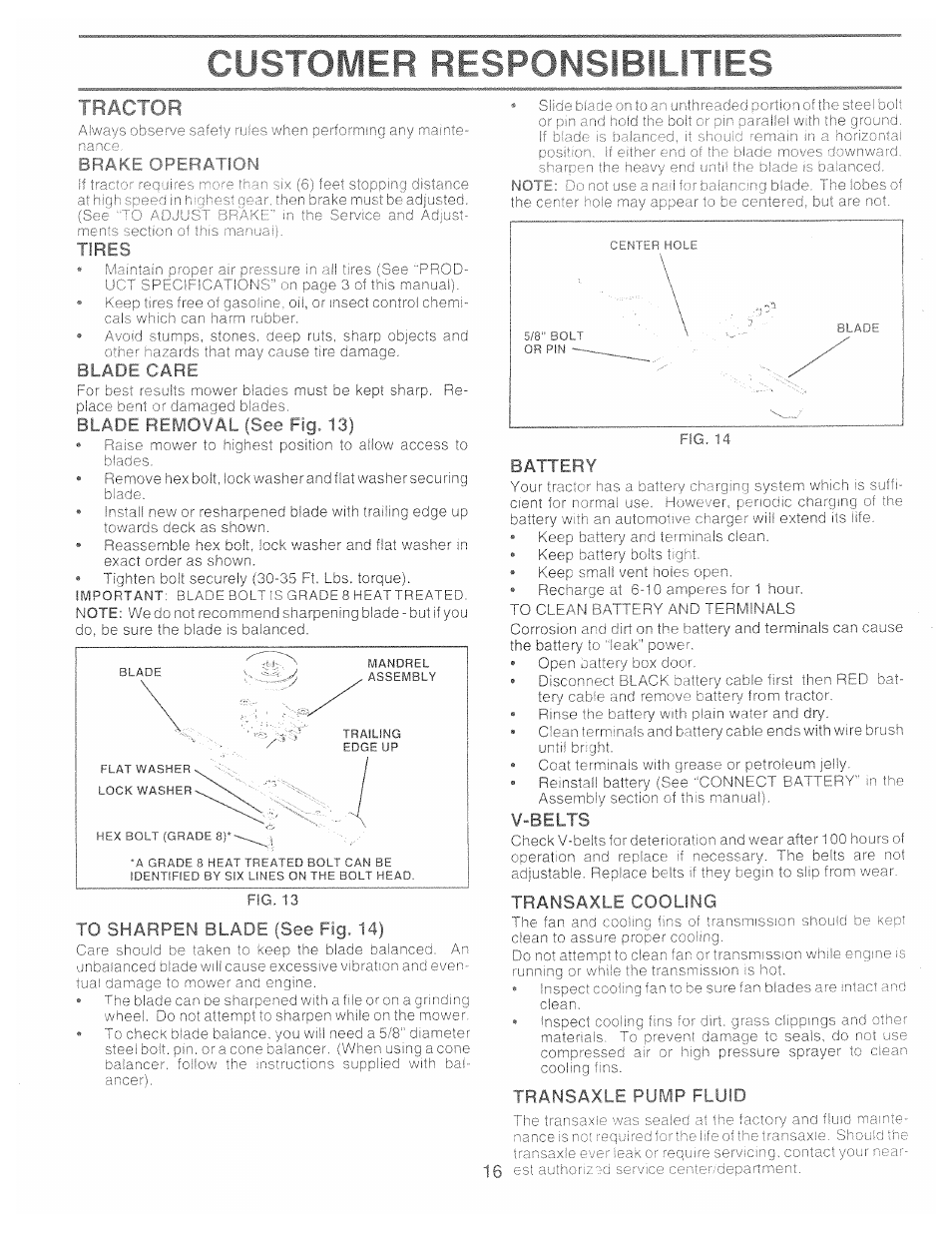 Tires, Blade care, To sharpen blade (see fig. 14) | Battery, V-belts, Transaxle cooling, Transaxle pump fluid, Rf n * f s, Ictor | Poulan 157257 User Manual | Page 16 / 48