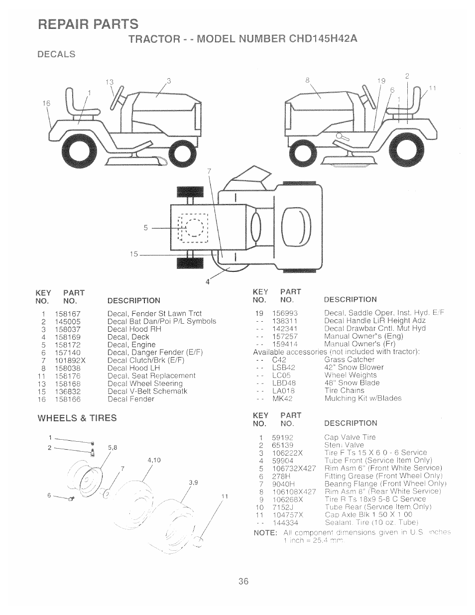 Decals, Wheels & tires, Repair parts | Poulan 157257 User Manual | Page 36 / 48