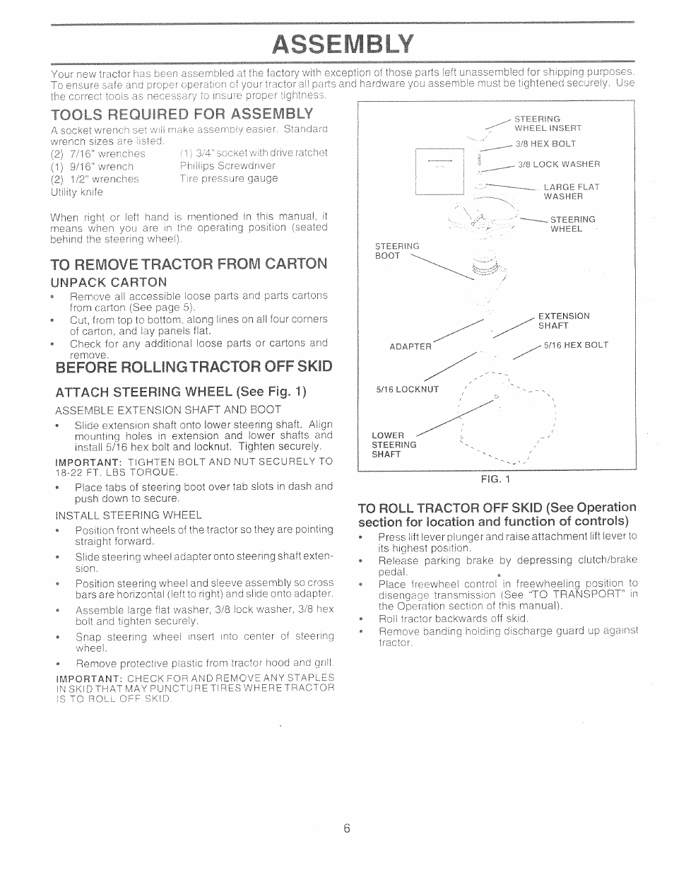 Tools required for assemb, To remove tractor from carton, Unpack carton | Before rolling tractor off skid, Attach steering wheel (see fig. 1) | Poulan 157257 User Manual | Page 6 / 48