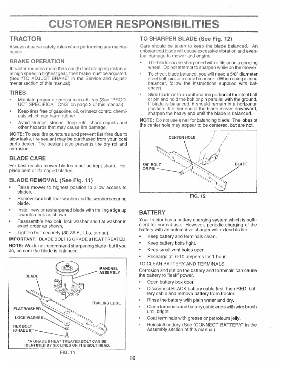 Tractor, 11ne, Blade care | Bladf beiio'/al fset • i- lu 111, To sharpen blade (see fig. 12), Battery, Soline, c | Poulan 160462 User Manual | Page 16 / 50