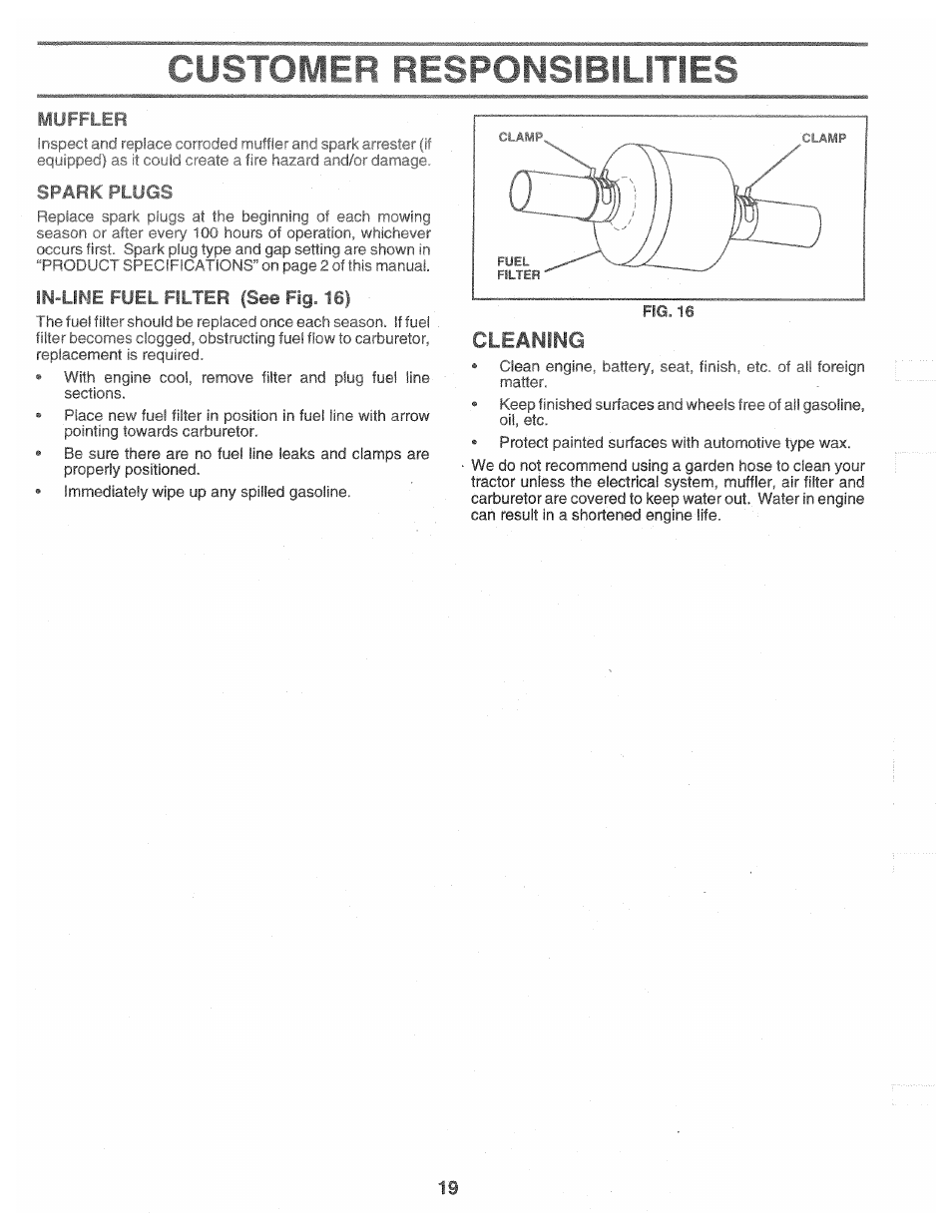 Cys'tomeff rfesponsibsimes, Muffler, Spark plugs | In-line fuel filter |3ee fig. 16, Cleaning | Poulan 160462 User Manual | Page 19 / 50