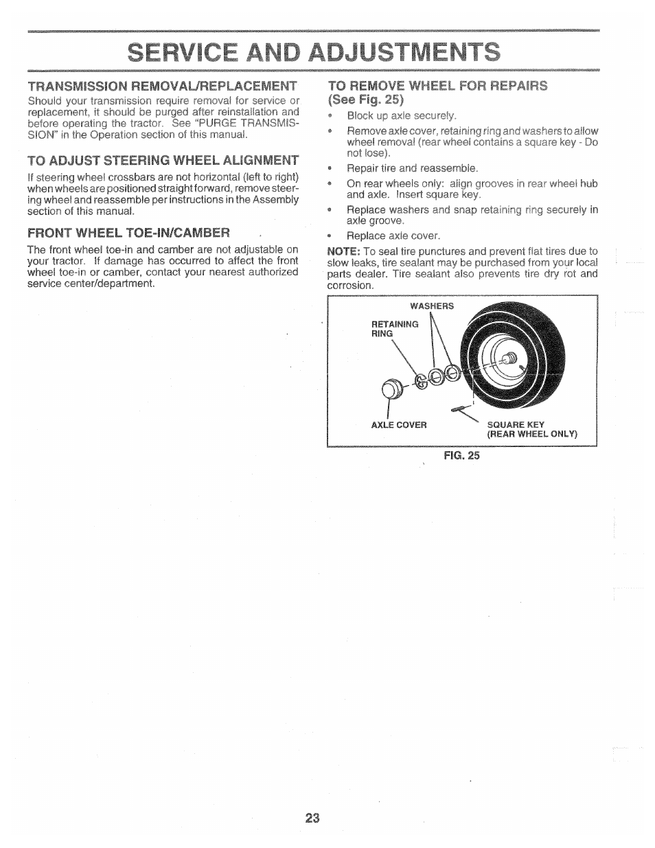 Transmission removaureplacement, Ru adjust steering wheel augniiekt, Front wheel toe-in/camber | To remove wheel for repairs g. 25) | Poulan 160462 User Manual | Page 23 / 50