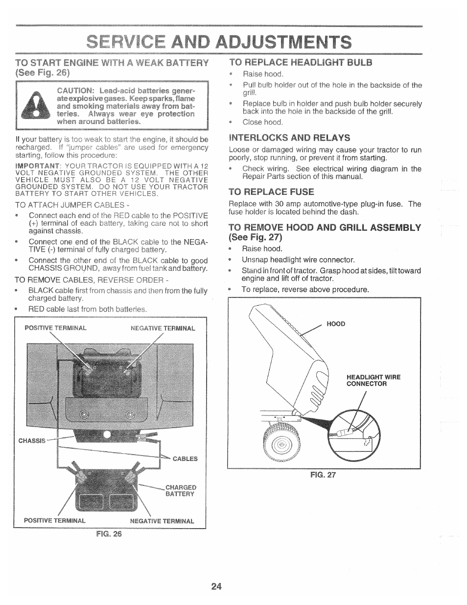 Replace headlight bulb, Rrefiof^li^ amd relays, 10 rtblace fuse | To remove hood and grill assembly (see fig. 27) | Poulan 160462 User Manual | Page 24 / 50