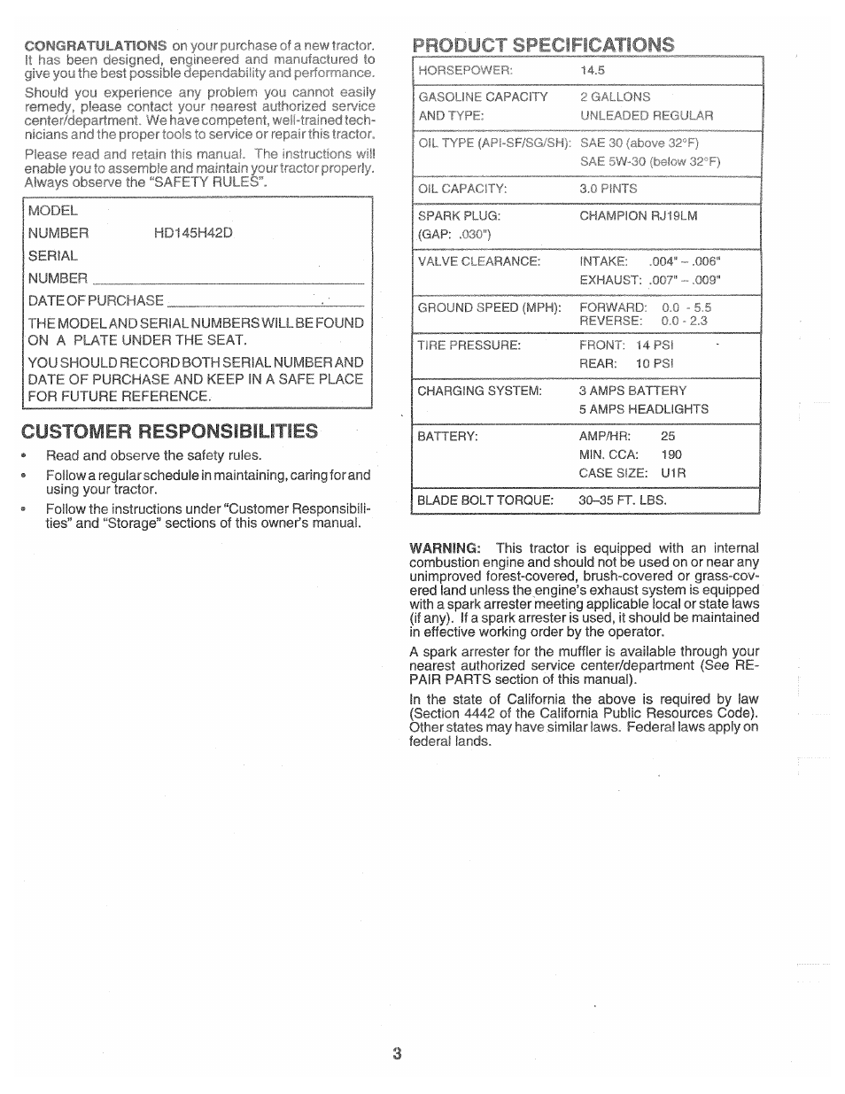 I ' ¡1 ,!< . i . i r ... . f- , >1 r, Customer responsibilities, Product spec | Îations | Poulan 160462 User Manual | Page 3 / 50