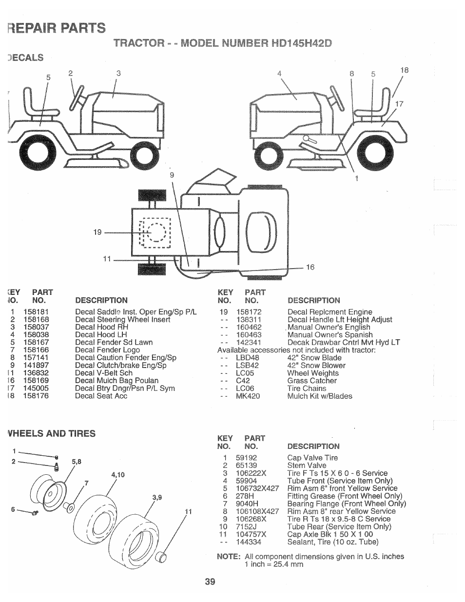 3ecals, Vheels and tires, 3 ioe ’?2k | R model .--b | Poulan 160462 User Manual | Page 39 / 50