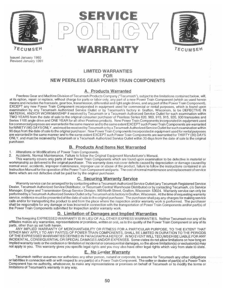 Ecumseh, I-lted ! i i antîes for, New peerless g 1er train components | Produ, B. aiidjlcin, Jl brfei.uyii3, D -mtteticn •»! ii-r, Arranty | Poulan 160462 User Manual | Page 48 / 50