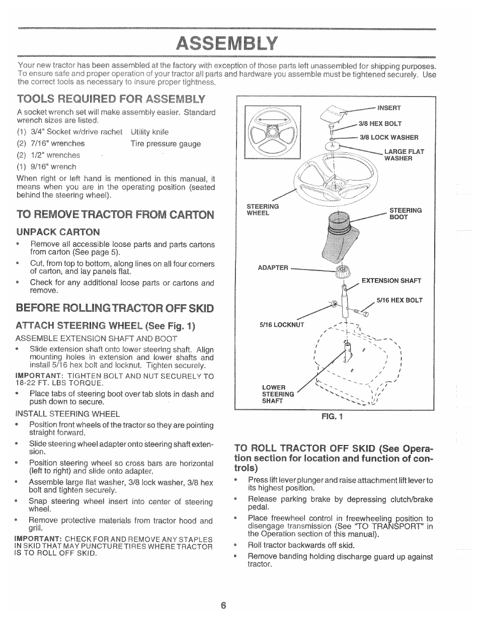 Tools required for assembly, Unpack r aston, Att*w*,h ttff.pipc whffb fig. 1) | Tur froit carton, Before rolling tractor off skid | Poulan 160462 User Manual | Page 6 / 50