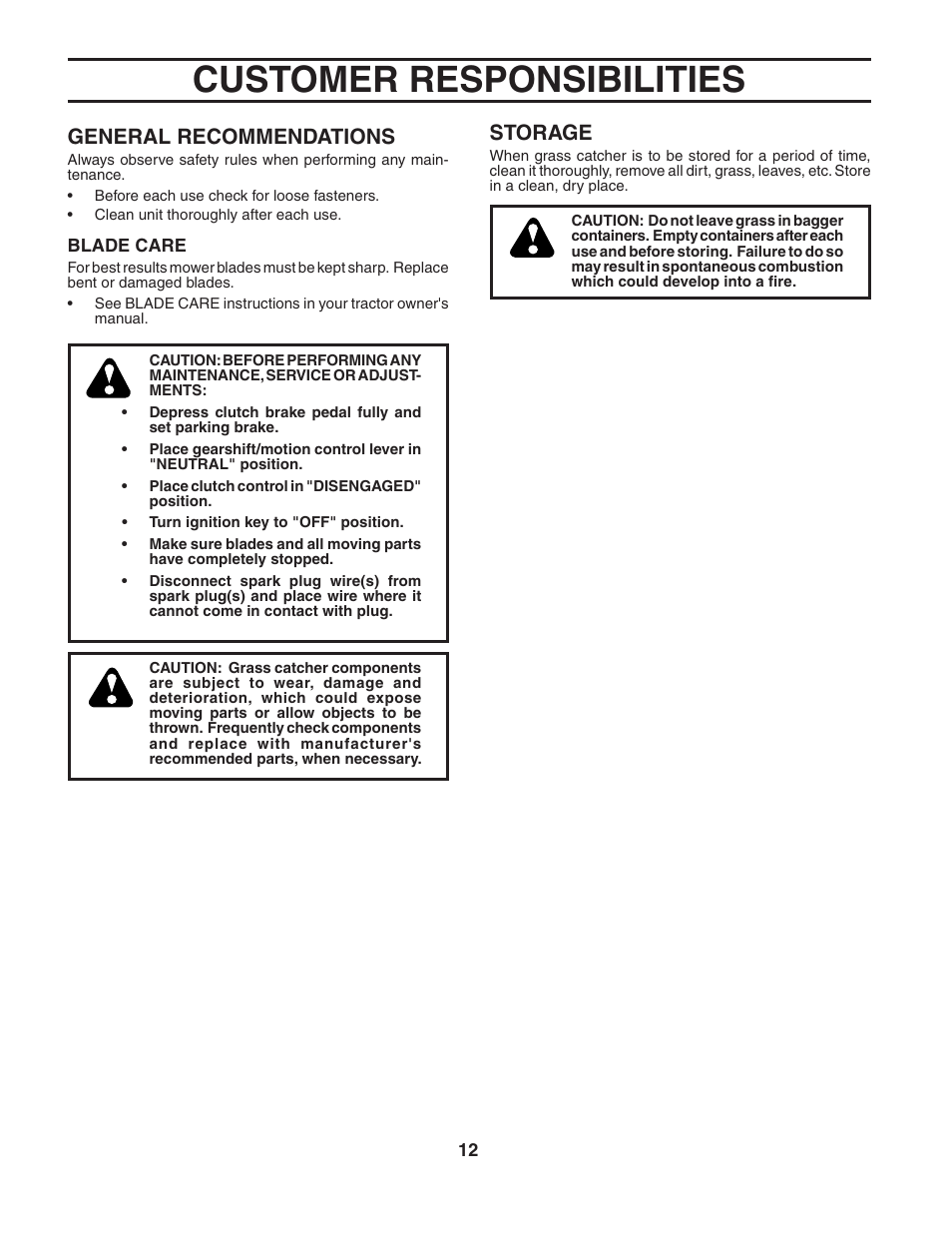 Customer responsibilities, Storage, General recommendations | Poulan CR38C User Manual | Page 12 / 15