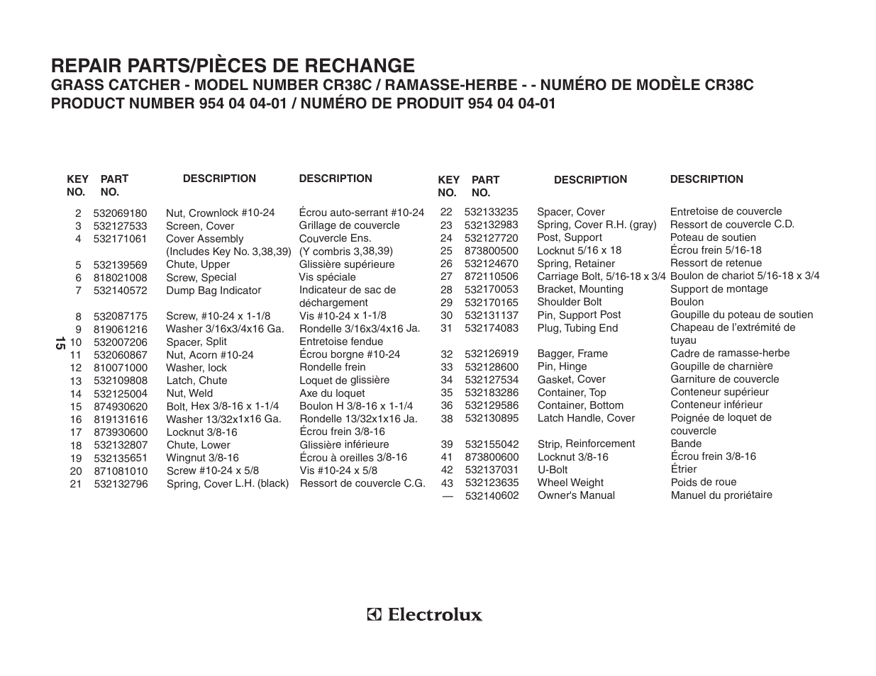 Repair parts/pièces de rechange | Poulan CR38C User Manual | Page 15 / 15