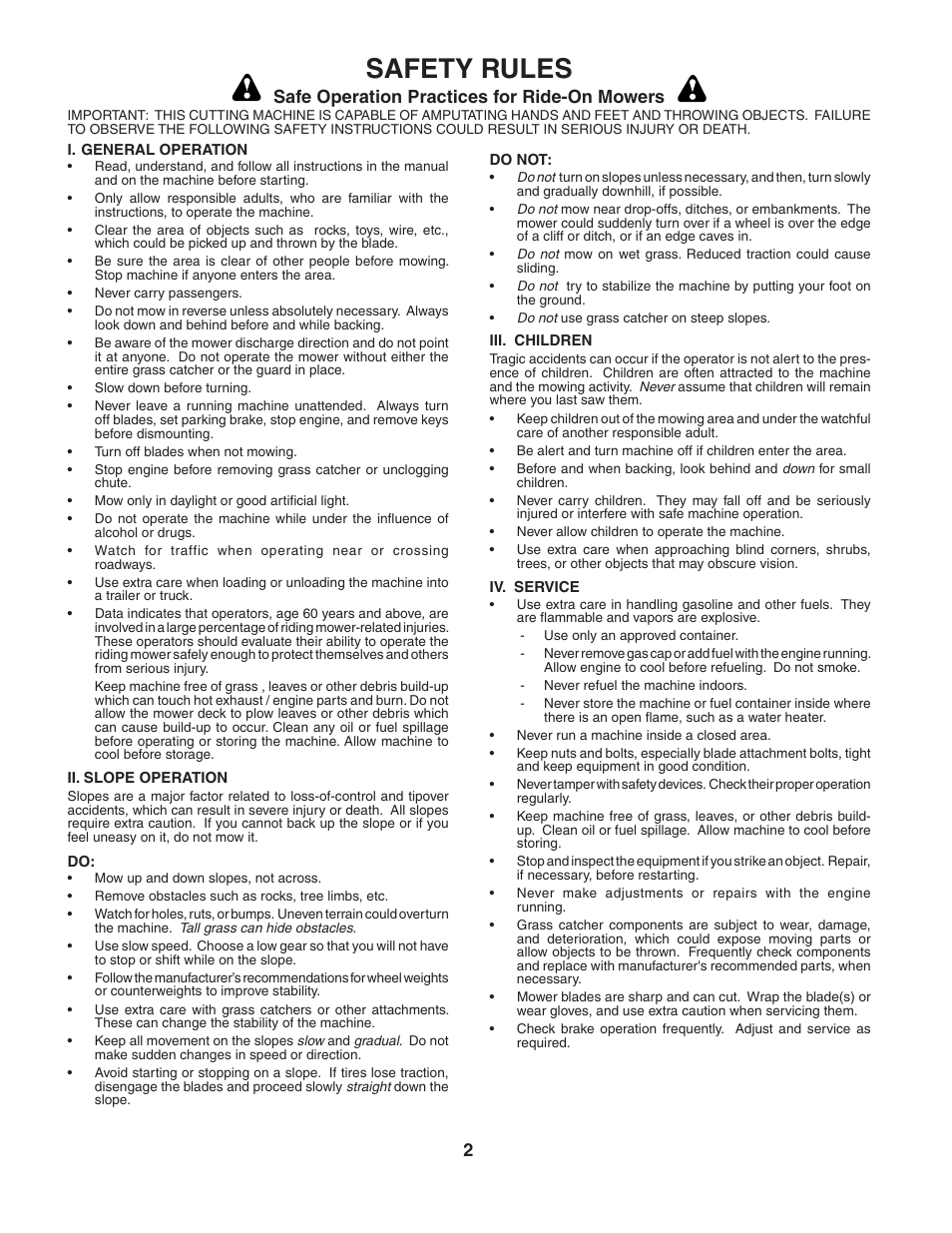 Safety rules, Safe operation practices for ride-on mowers | Poulan CR38C User Manual | Page 2 / 15