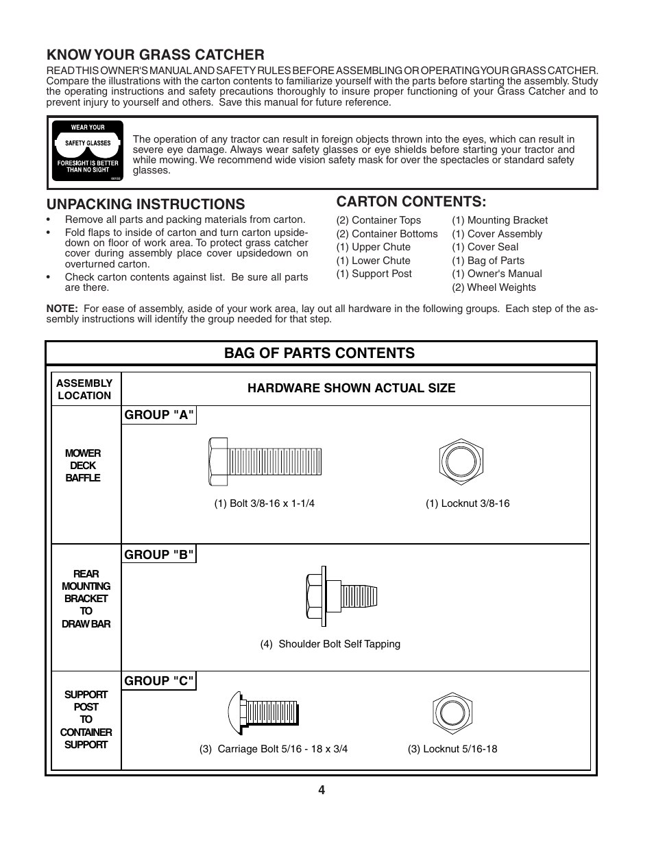 Bag of parts contents, Know your grass catcher, Unpacking instructions | Carton contents | Poulan CR38C User Manual | Page 4 / 15