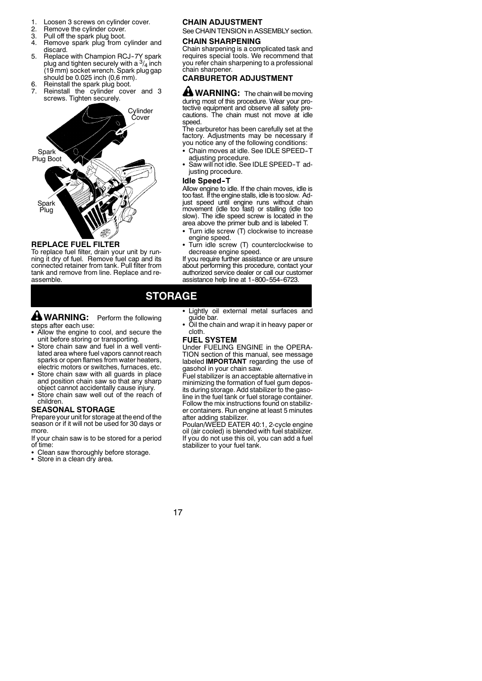 Storage, Warning | Poulan PP3516AVX User Manual | Page 17 / 20