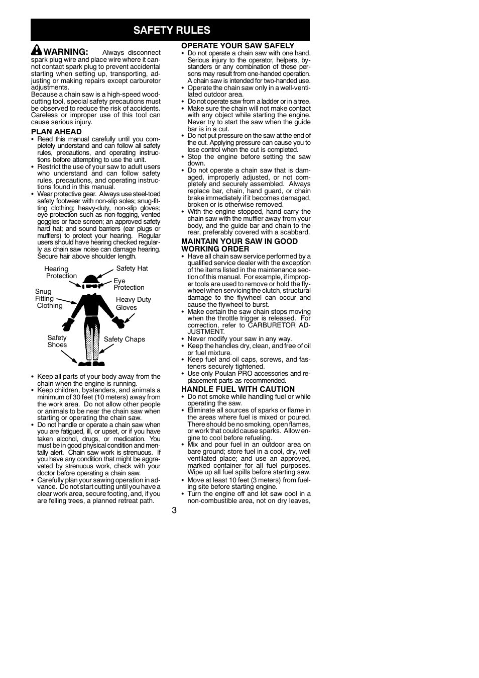 Safety rules, Warning | Poulan PP3516AVX User Manual | Page 3 / 20