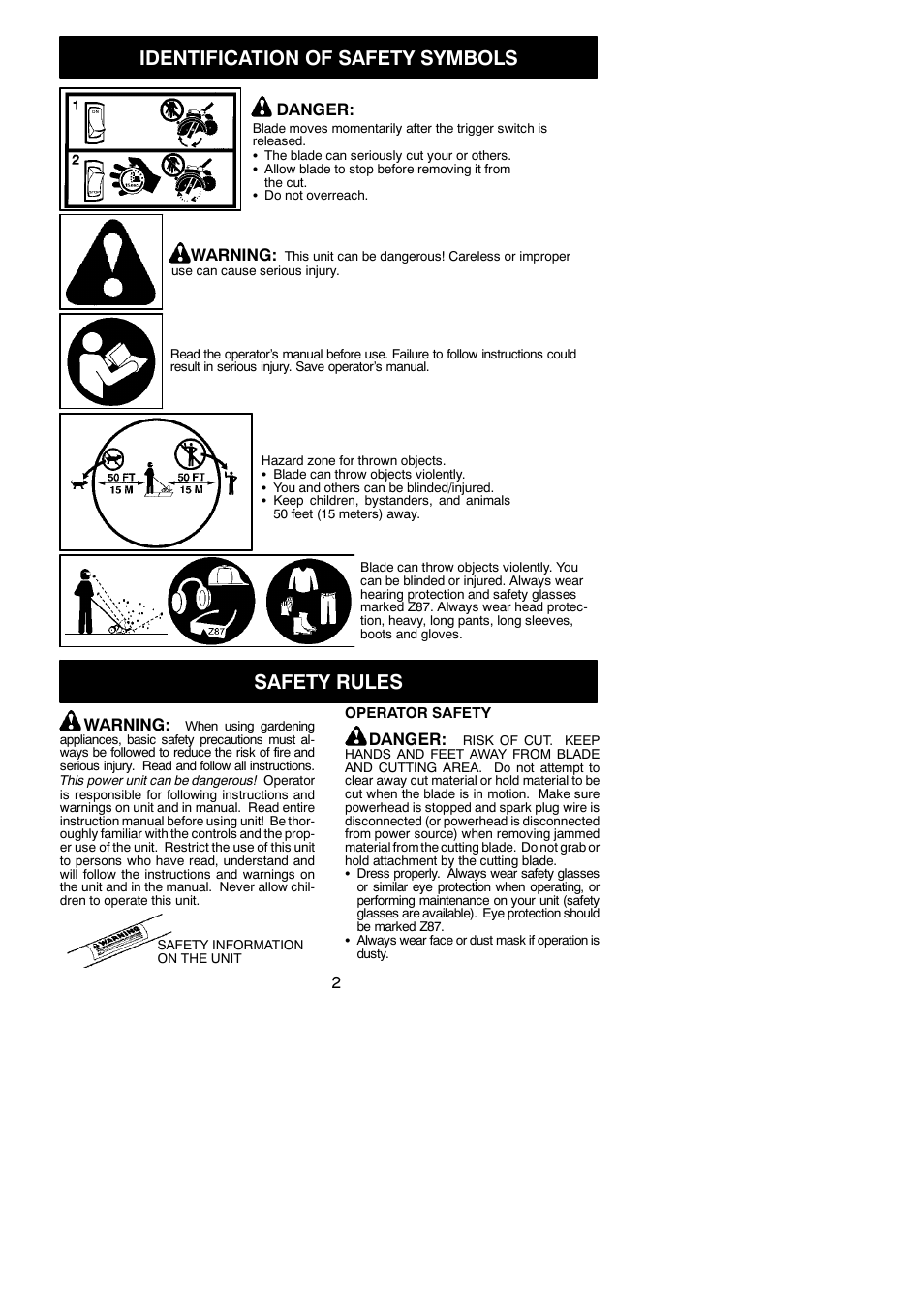Identification of safety symbols, Safety rules, Warning | Danger | Poulan Pro PPB1000E User Manual | Page 2 / 8
