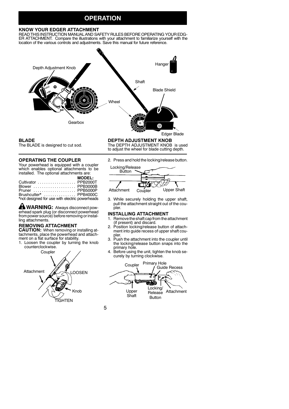 Operation, Warning | Poulan Pro PPB1000E User Manual | Page 5 / 8