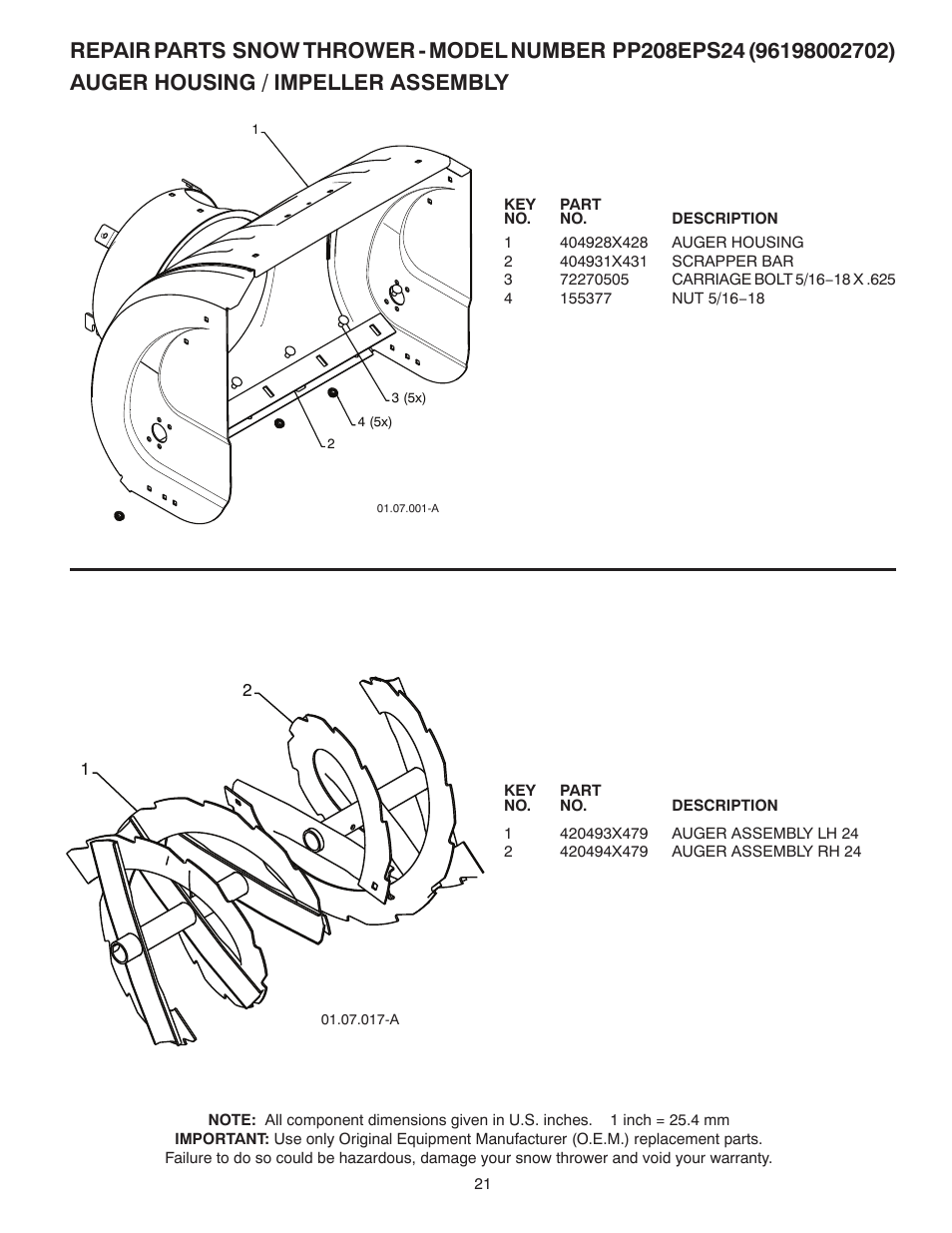Repair parts, Auger housing / impeller assembly | Poulan 435999 User Manual | Page 21 / 40