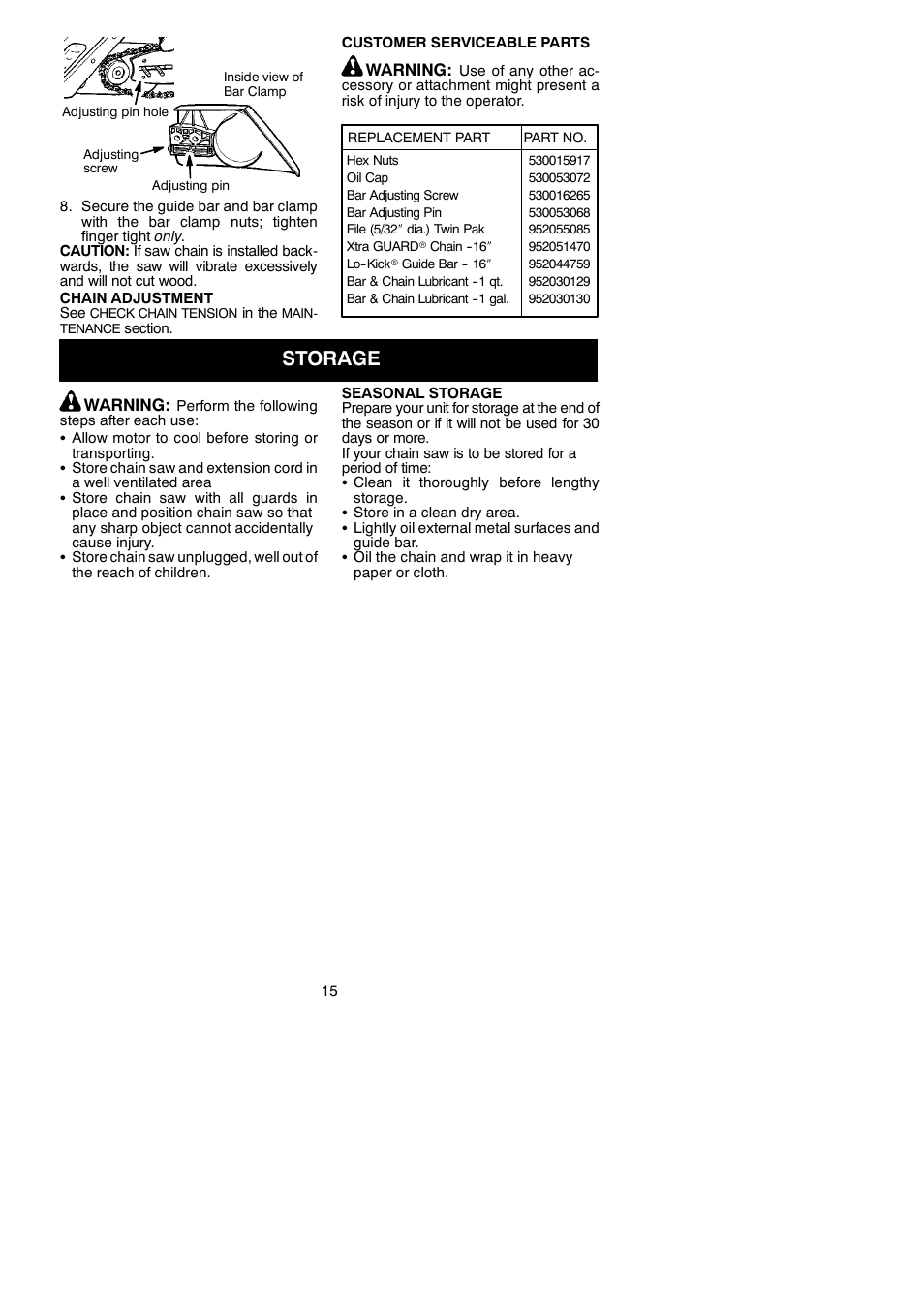 Storage | Poulan 115259826 User Manual | Page 15 / 17