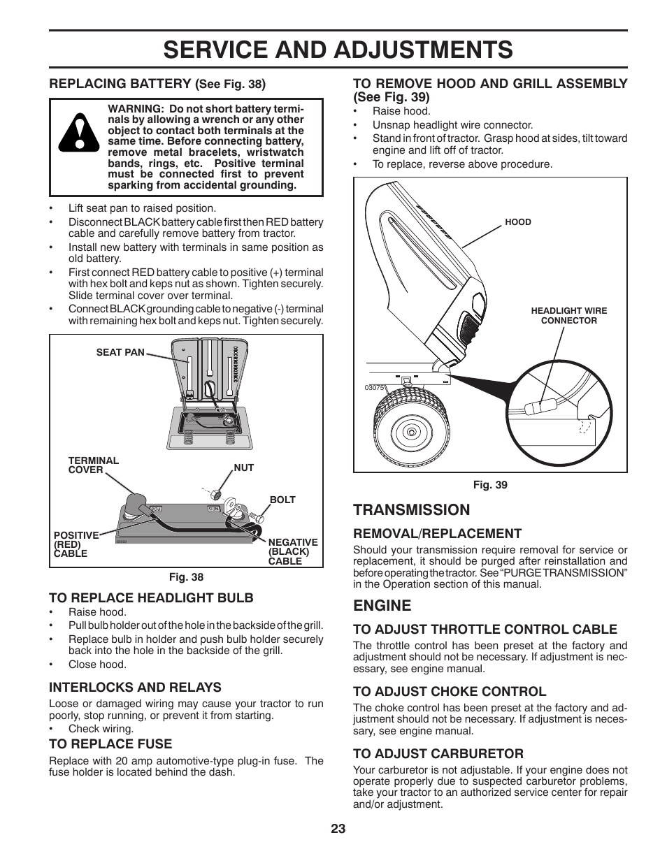 Service and adjustments, Engine, Transmission | Poulan XT195H42LT User Manual | Page 23 / 28