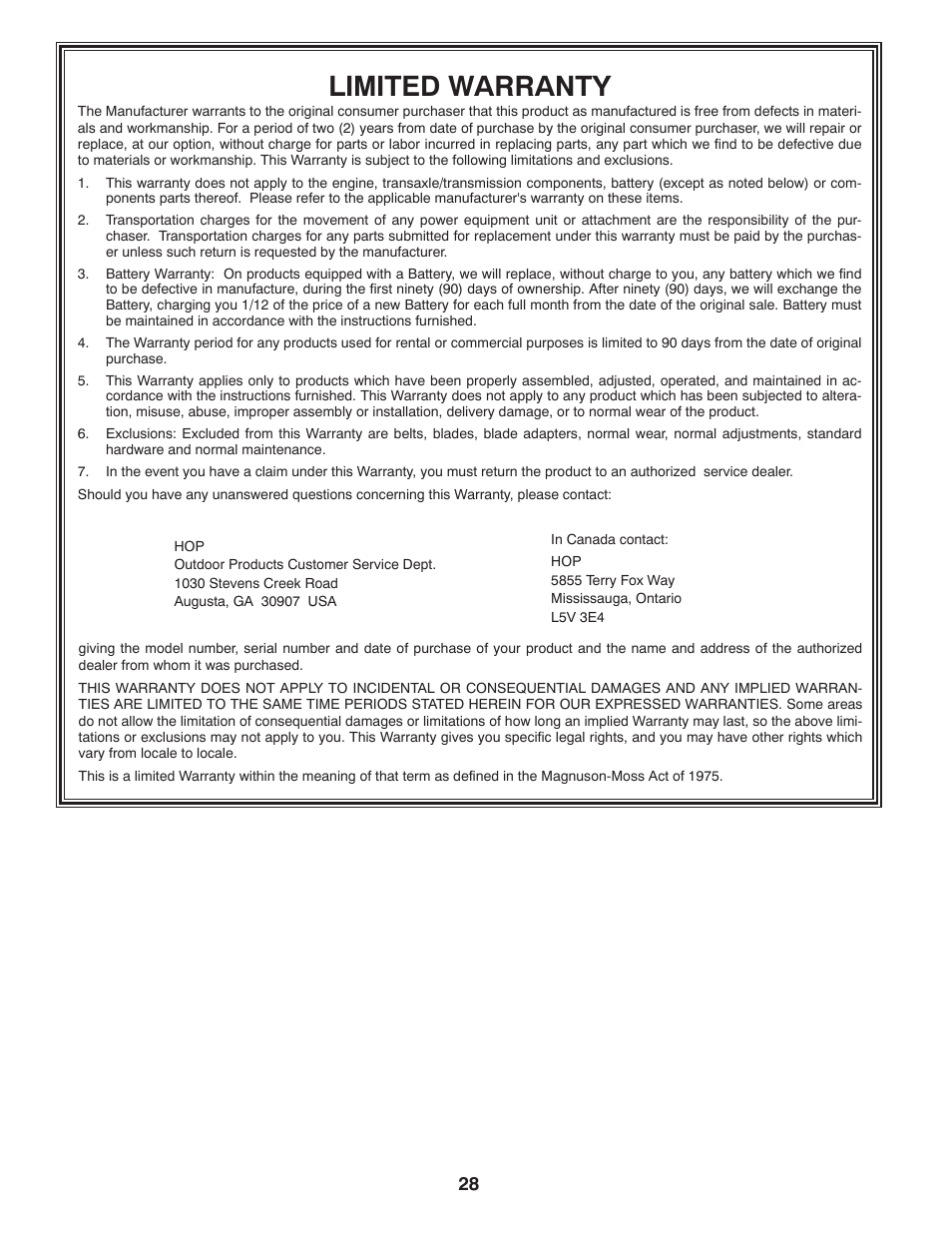 Limited warranty | Poulan XT195H42LT User Manual | Page 28 / 28