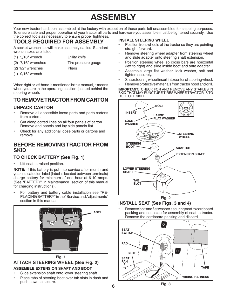 Assembly, Tools required for assembly, Before removing tractor from skid | Poulan XT195H42LT User Manual | Page 6 / 28