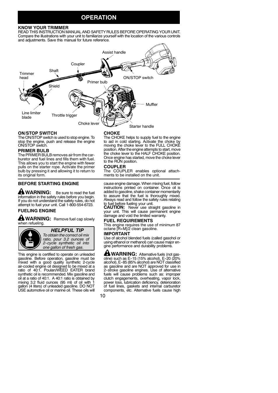 Operation, Warning, Helpful tip | Poulan PPB330 User Manual | Page 10 / 19