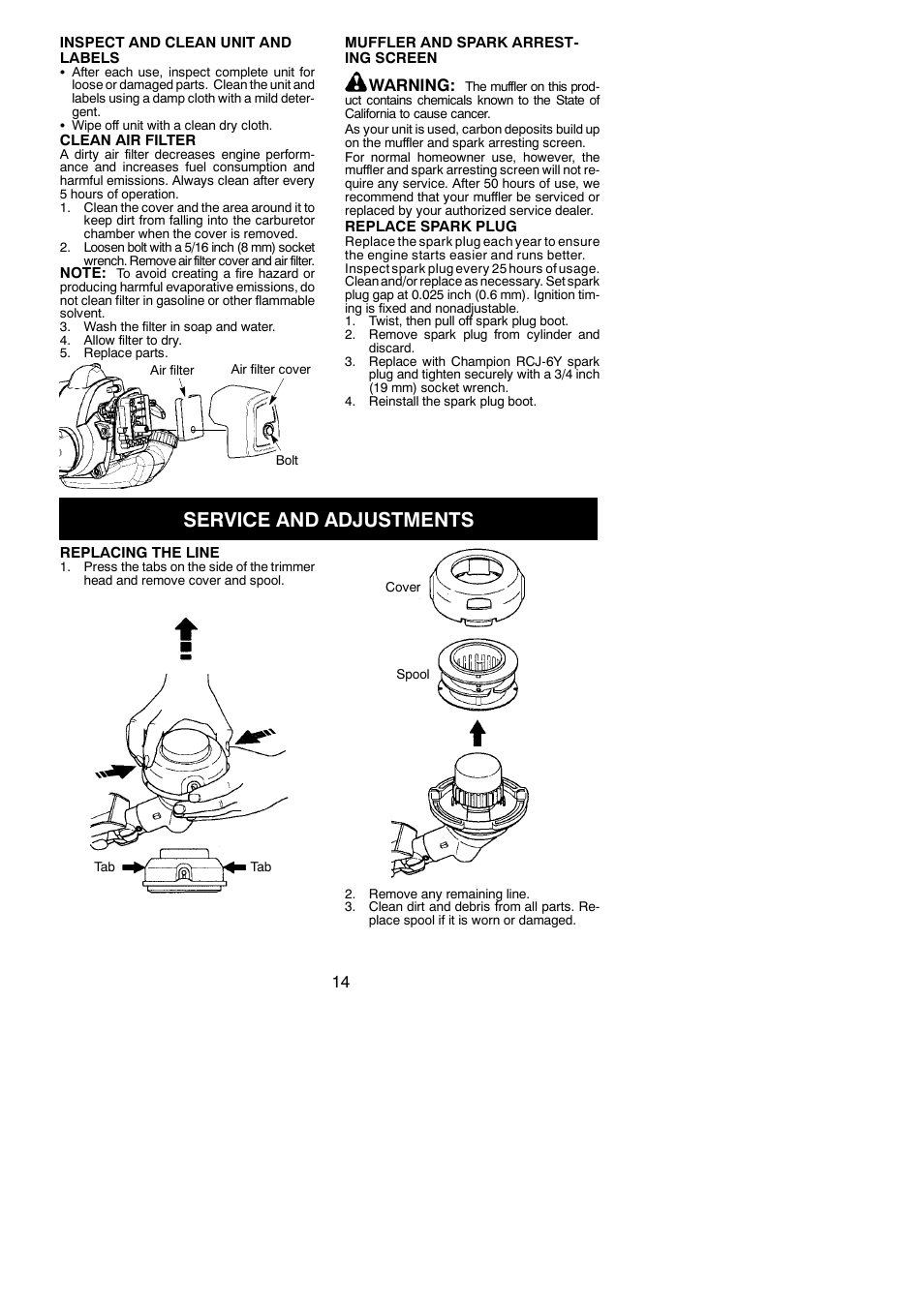Service and adjustments, Warning | Poulan PPB330 User Manual | Page 14 / 19