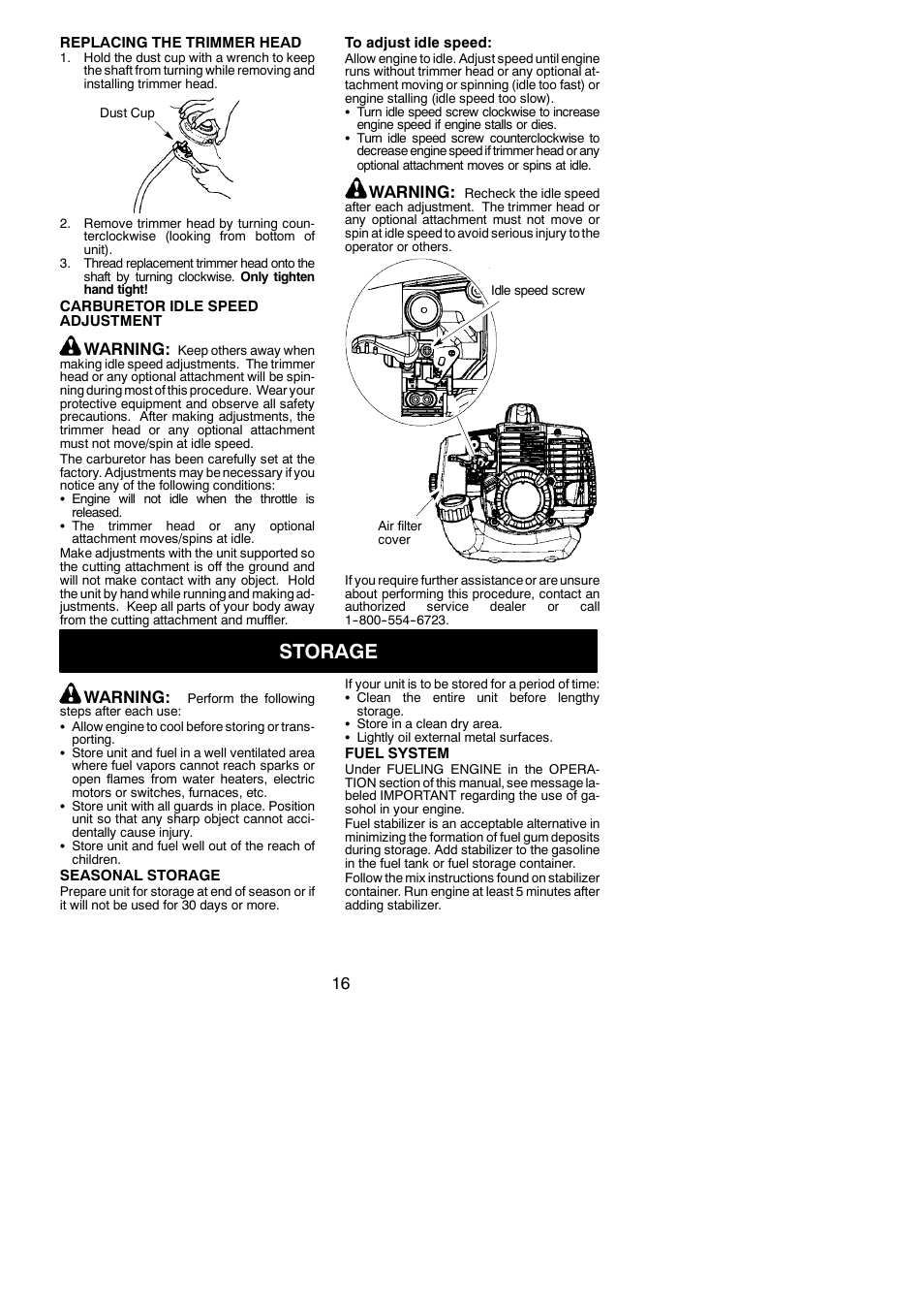 Storage, Warning | Poulan PPB330 User Manual | Page 16 / 19