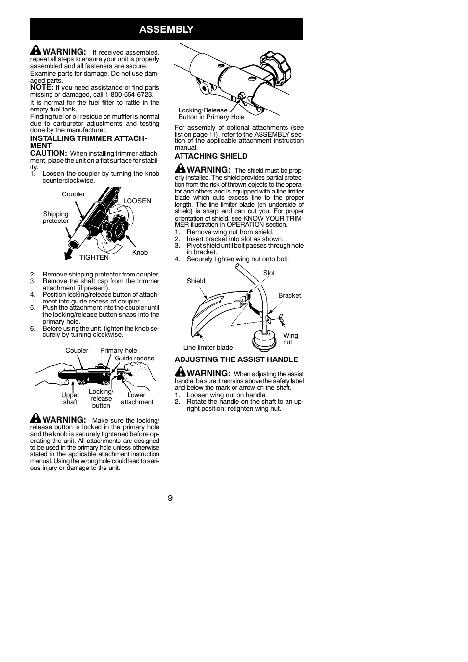 Assembly, Warning | Poulan PPB330 User Manual | Page 9 / 19