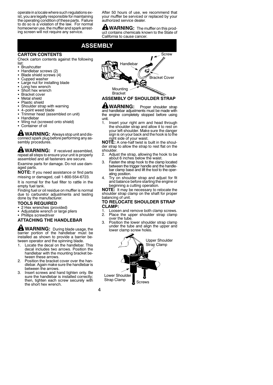 Assembly, Warning | Poulan BC2500 LE User Manual | Page 4 / 15