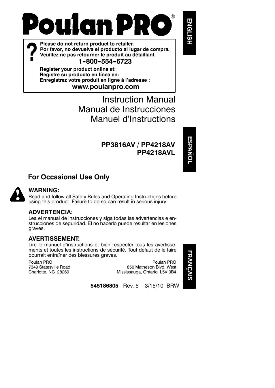 Poulan Pro PP3816AV User Manual | 20 pages